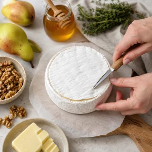 Uma roda de Brie sobre papel manteiga é aparada antes de assar, com peras, nozes, tomilho, mel e manteiga ao lado.