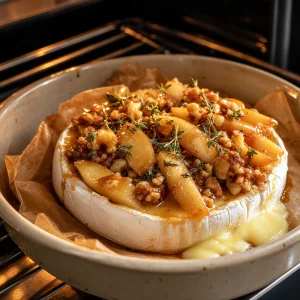 O Brie assado está quente e macio, coberto com peras ao mel e nozes, derretendo suavemente no prato.