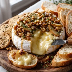O Brie assado finalizado com peras ao mel, nozes e tomilho é servido com fatias de baguete e crackers.