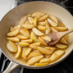 Fatias de pera cozinham em manteiga, suco de limão e mel até ficarem brilhantes e levemente caramelizadas.