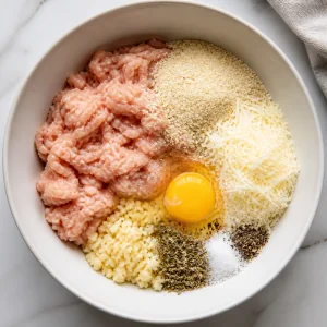 Chicken meatball ingredients gathered in a mixing bowl