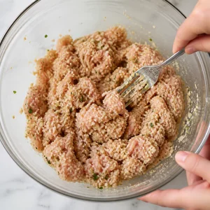 Chicken meatball mixture being gently combined