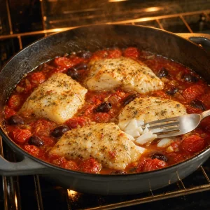 Bacalhau assado em molho de tomate e azeitonas a desfazer-se facilmente com um garfo