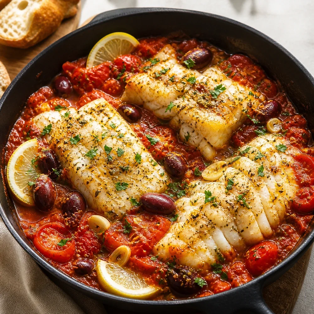 Peixe-Espada Assado com Tomates e Azeitonas
