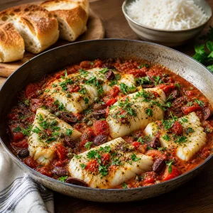 Bacalhau assado finalizado com salsa e servido com pao e arroz