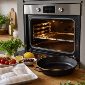 Forno a preaquecer com ingredientes para bacalhau assado por perto