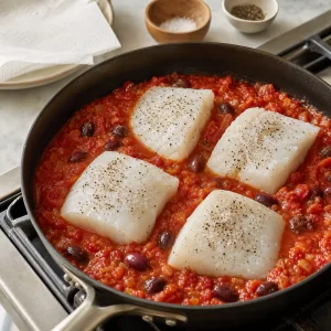Filetes de bacalhau temperados colocados no molho de tomate e azeitonas antes de assar