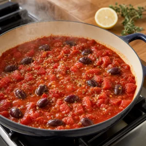 Molho de tomate com azeitonas kalamata e oregaos a cozinhar na frigideira