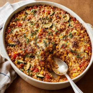 Browned baked farro casserole rested and ready to serve