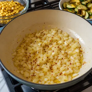 Diced onion and red pepper flakes softening in olive oil