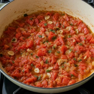 Diced tomatoes, garlic, and oregano simmering until juicy