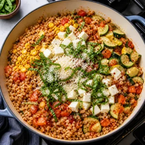 Farro, vegetables, basil, mozzarella, water, and parmesan folded together before baking