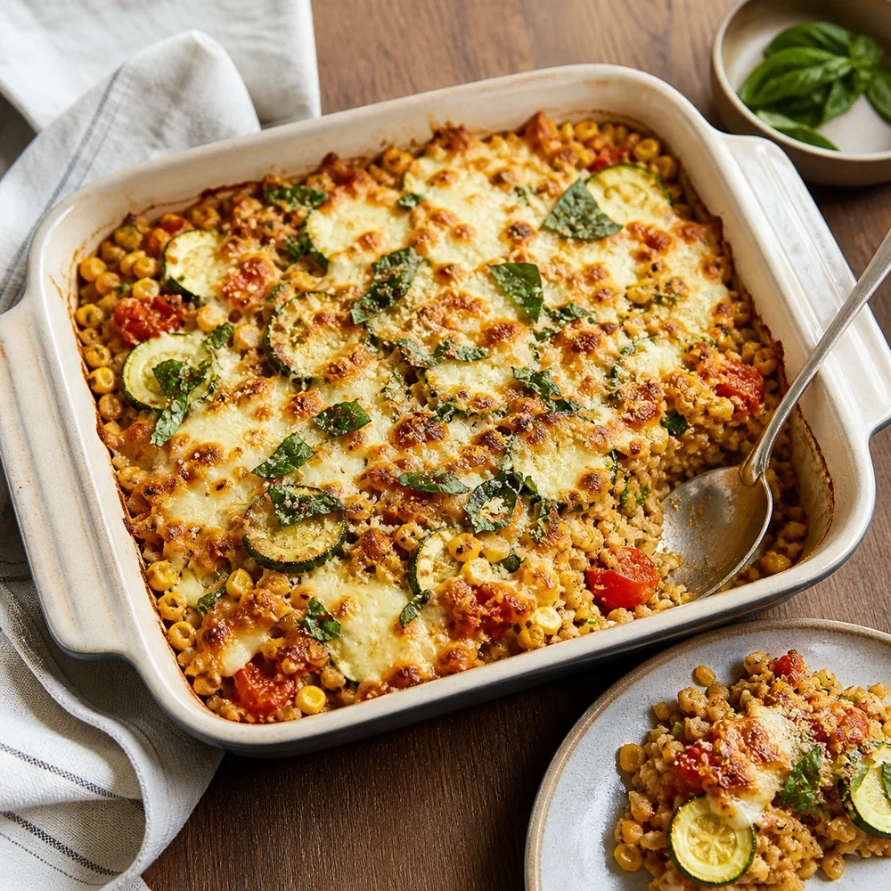 Finished baked farro with corn, zucchini, tomatoes, basil, and browned cheese