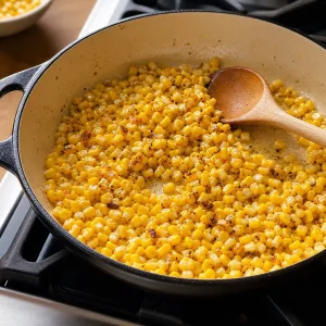 Fresh corn kernels browning in olive oil in a wide pan