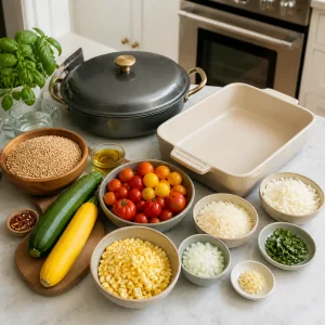 Ovenproof pan and baking dish set out with farro, vegetables, herbs, and cheese