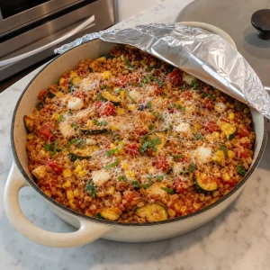 Parmesan-topped farro bake covered for baking with foil partly lifted
