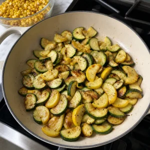 Zucchini and summer squash slices browned in spots in a wide pan