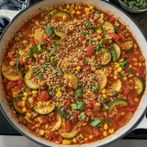 Mais, zucchine, basilico e farro mescolati al sugo di pomodoro