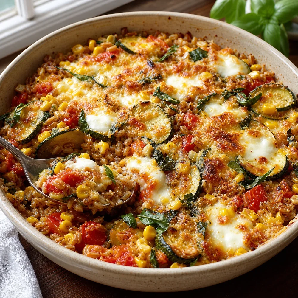 Farro al forno finito con mais, zucchine, pomodori e formaggio dorato