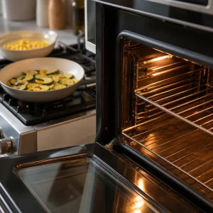 Forno che si scalda mentre le zucchine cuociono accanto