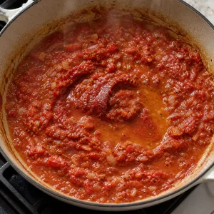 Sugo di pomodoro che si addensa con concentrato e vino bianco