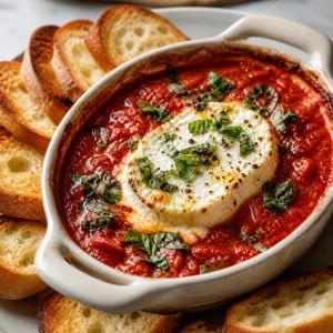 Baked goat cheese in tomato sauce with basil and toasted baguette slices