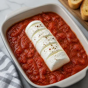 Goat cheese slices nestled in tomato sauce before baking