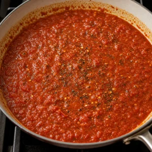 Marinara sauce simmering with herbs and red pepper flakes
