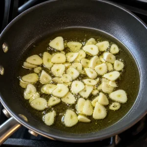 Thin garlic slices sizzling in olive oil