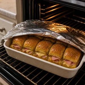 A foil-covered dish of sliders going into the oven