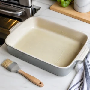 A greased baking dish ready for slider assembly