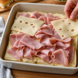 Cheese and folded ham layered over the roll bottoms