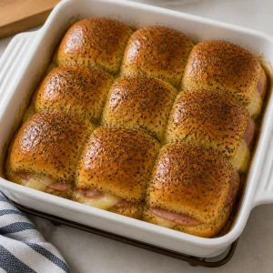 Golden baked sliders with melted cheese at the seams