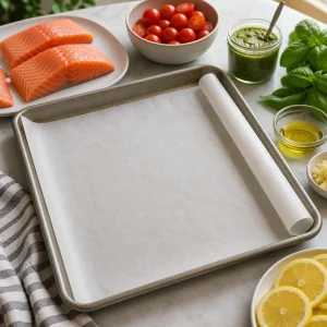 Parchment-lined baking sheet with salmon and pesto ingredients nearby