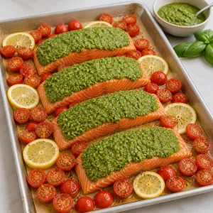 Pesto-covered salmon with cherry tomatoes and lemon slices ready to bake