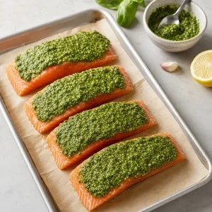 Raw salmon fillets topped with basil pesto on a baking sheet