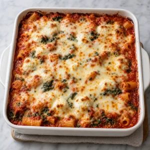 Baked rigatoni with bubbling sauce and golden melted mozzarella