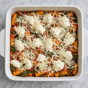 First layer of sauced rigatoni topped with ricotta and mozzarella