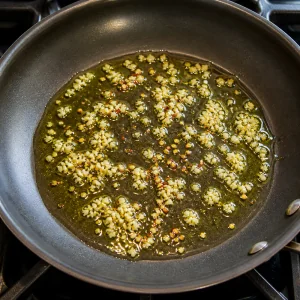 Minced garlic and red pepper flakes sizzling in olive oil