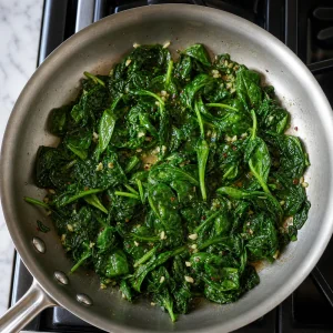 Spinach wilting in a skillet with garlic
