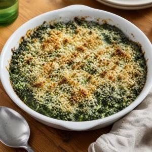 Baked spinach gratin with a browned breadcrumb topping