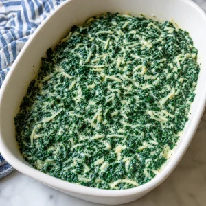 Cheesy spinach spread in a baking dish