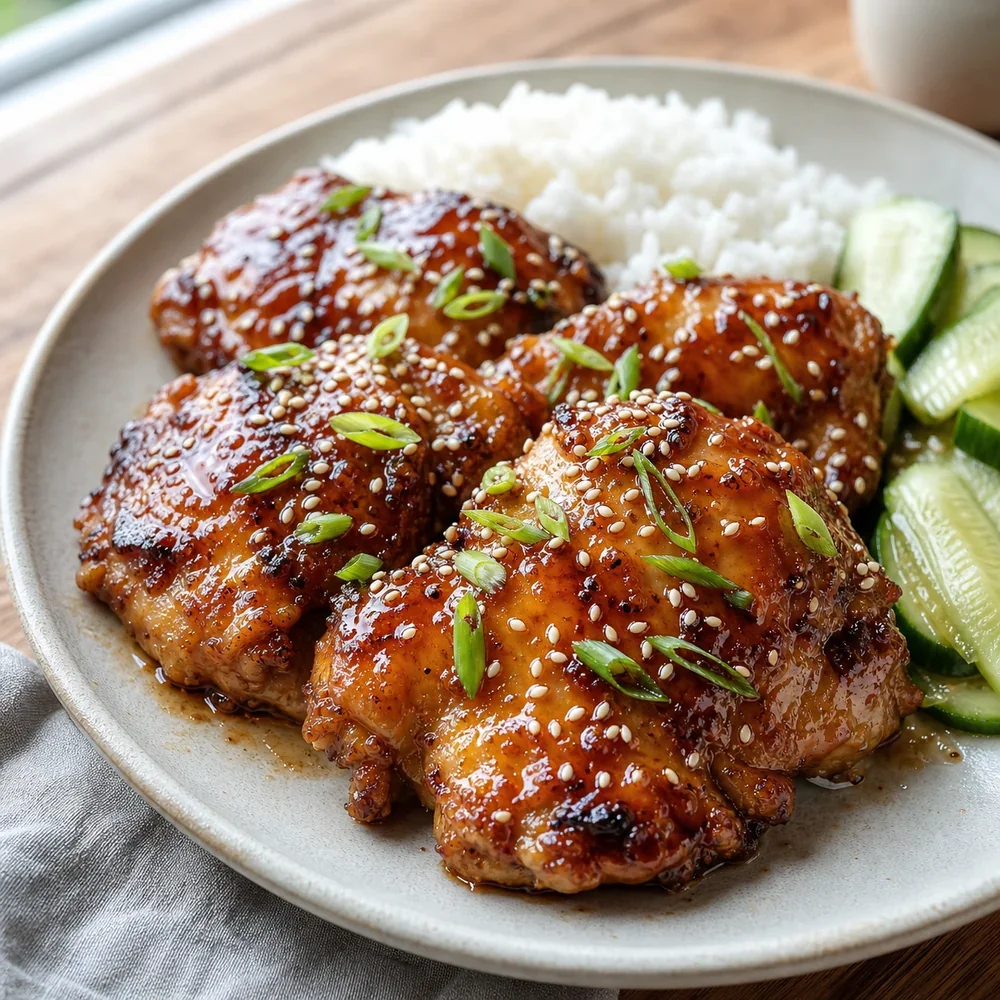 Baked teriyaki chicken thighs with sesame seeds and scallions on a plate