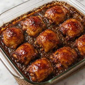 Baked teriyaki chicken with bubbling glaze in the dish