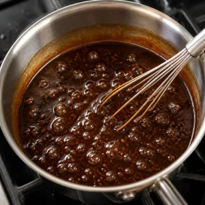 Glossy teriyaki glaze simmering in a saucepan