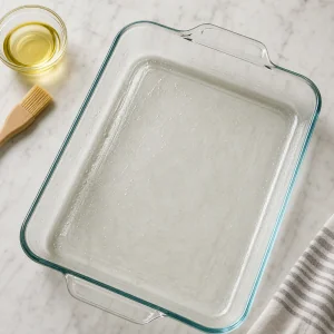 Lightly oiled glass baking dish on a kitchen counter