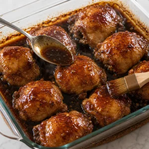 Partially baked teriyaki chicken being basted with pan sauce