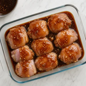 Raw chicken thighs coated with teriyaki glaze in a baking dish