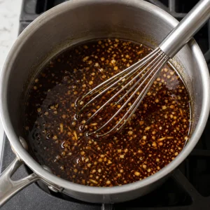 Teriyaki sauce ingredients whisked in a saucepan
