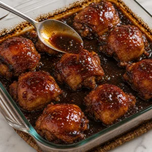 Thick pan glaze spooned over baked teriyaki chicken